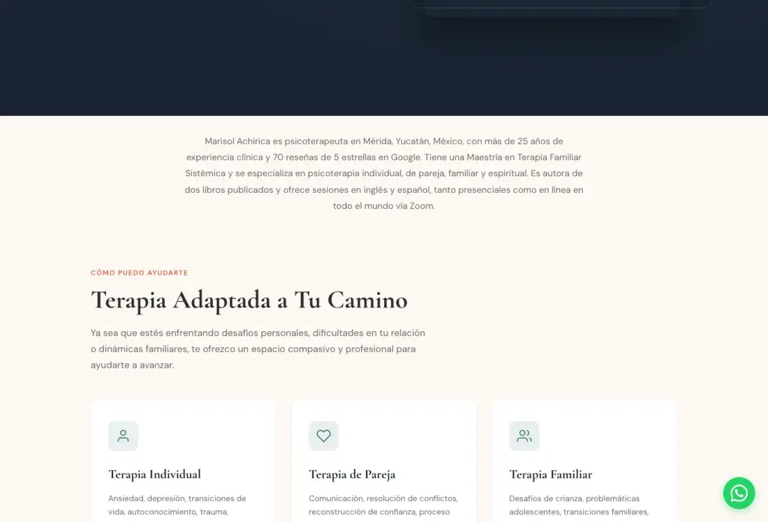 Sección de servicios del sitio en español de Marisol Achirica
