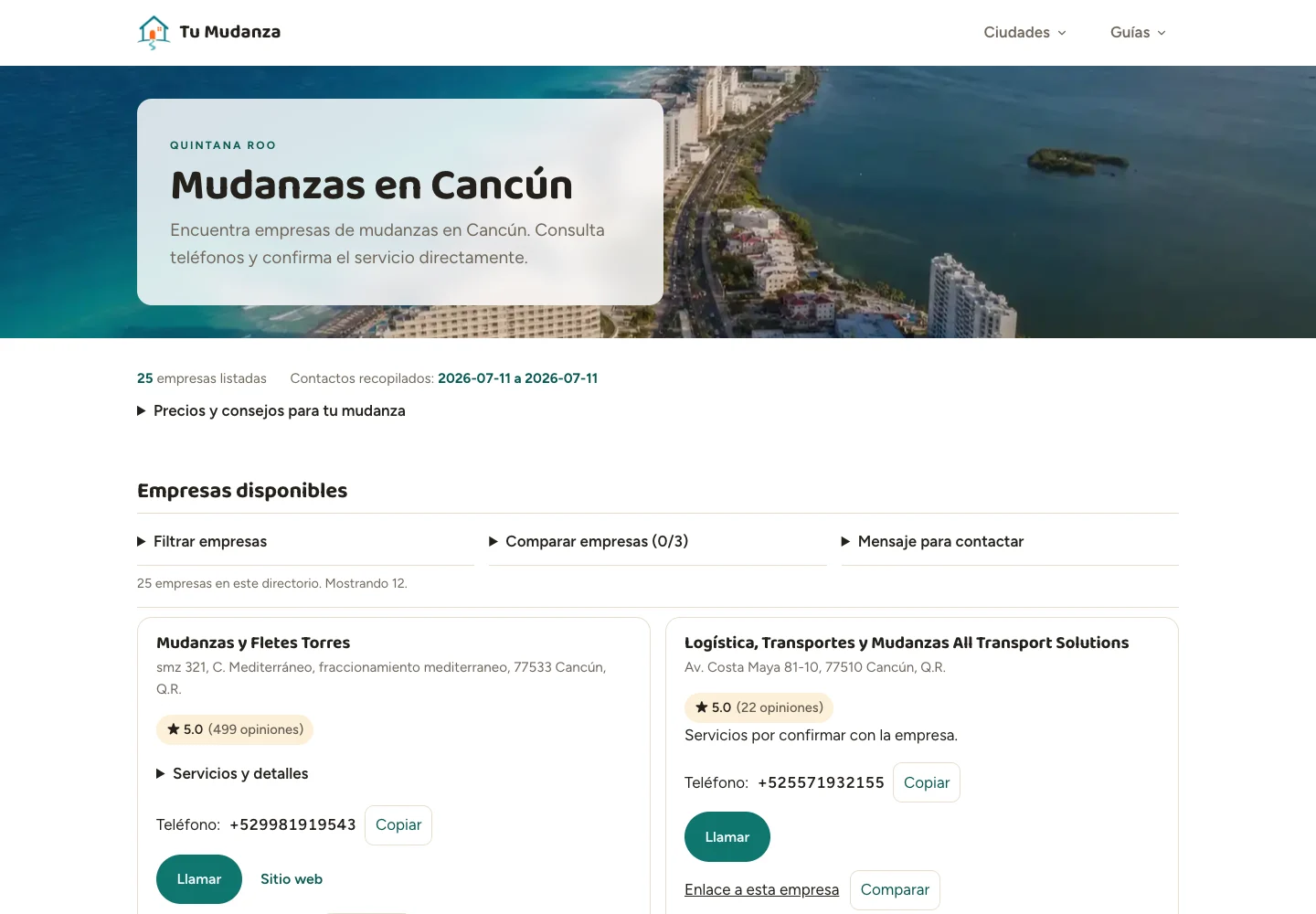 Página de mudanzas en Cancún, con información local y empresas disponibles.