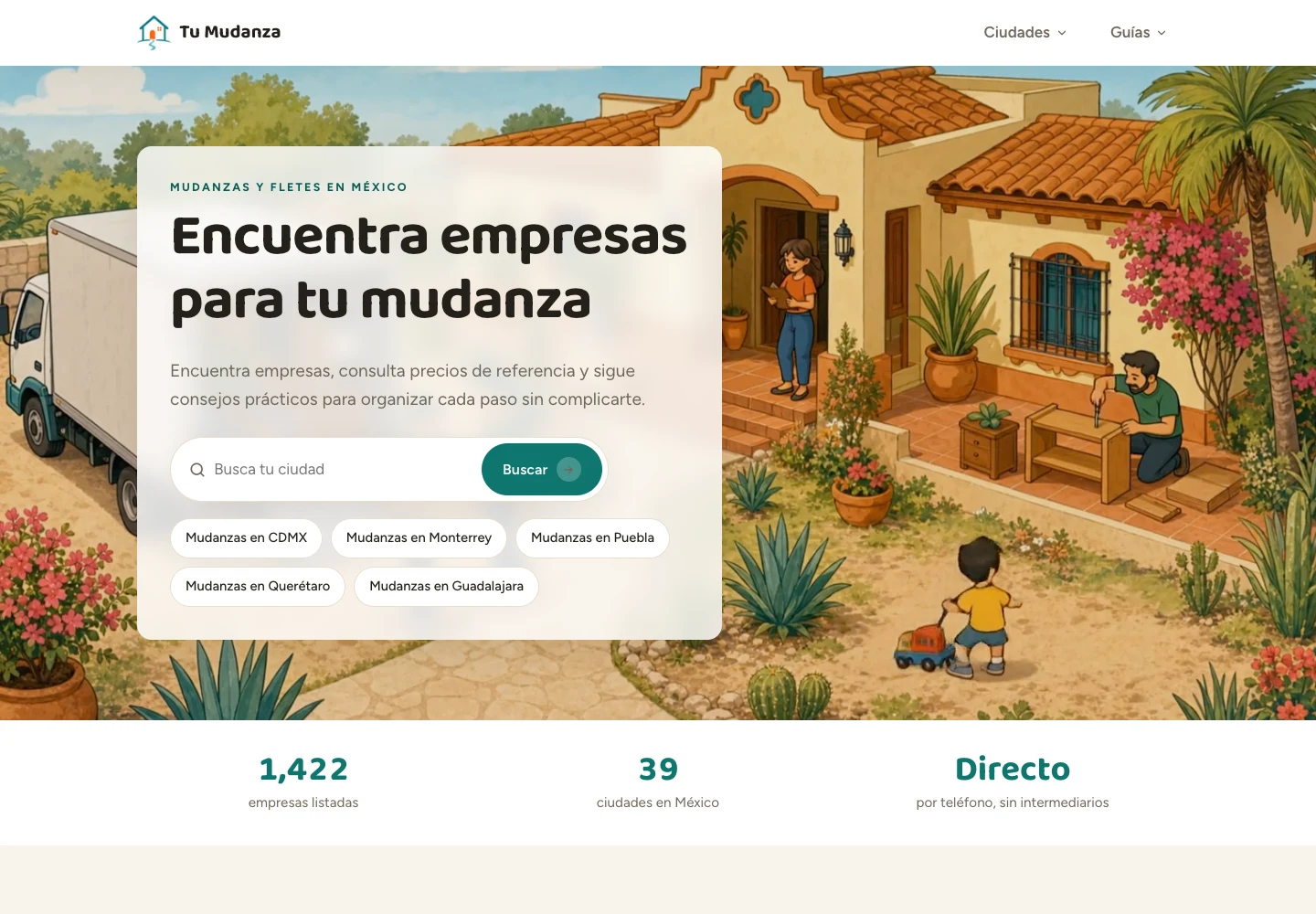 Página de inicio de TuMudanza en computadora, con buscador por ciudad y enlaces a directorios locales.