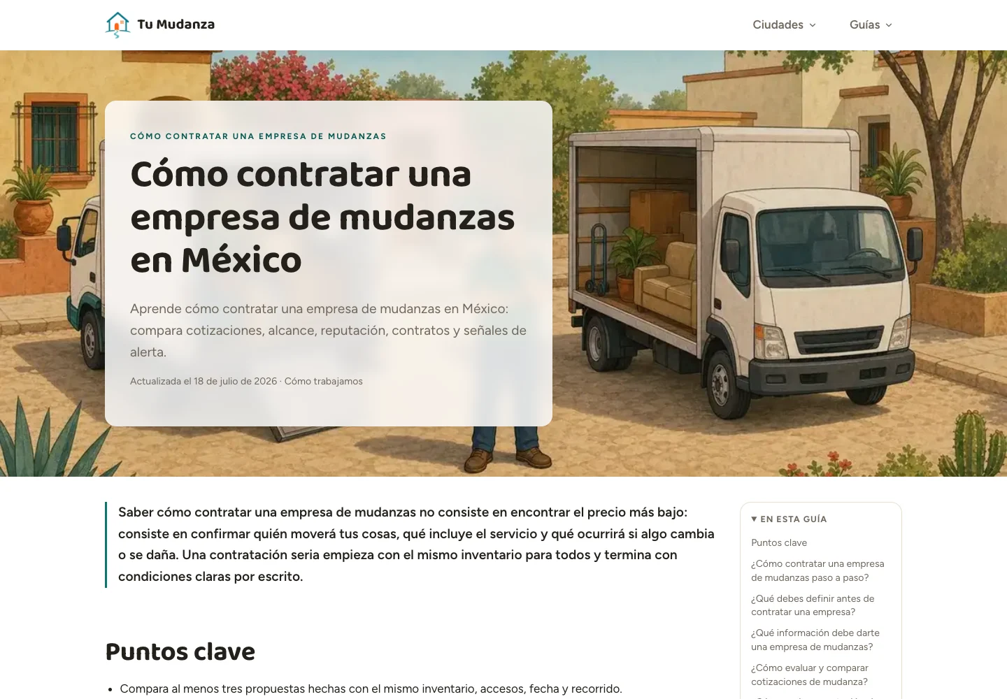 Inicio de la guía de TuMudanza sobre cómo contratar una empresa de mudanzas en México.