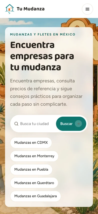 Página de inicio de TuMudanza en celular, con buscador por ciudad y enlaces a directorios locales.