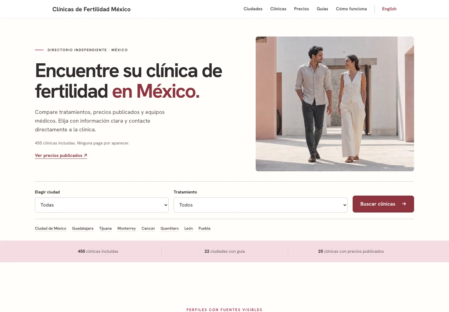 Inicio de Clínicas de Fertilidad México en computadora, con búsqueda por ciudad.