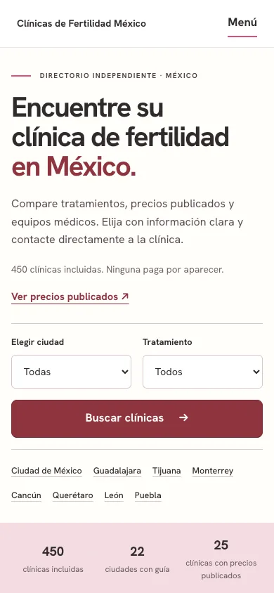 Inicio de Clínicas de Fertilidad México en celular.