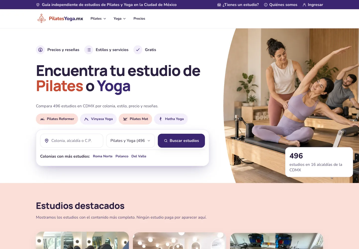 Inicio de PilatesYoga.mx en computadora, con búsqueda de estudios.
